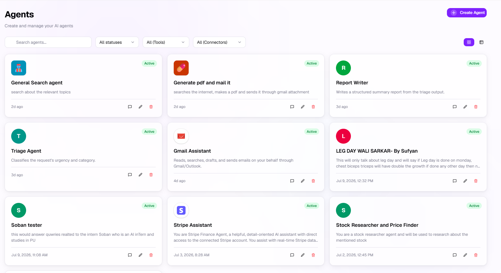 ONE-AI agents dashboard